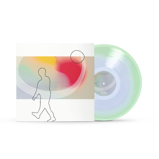 A vinyl record partially pulled from its sleeve, shown on a clean white background. The sleeve features an abstract multicolor design with a walking human silhouette, and the vinyl itself is translucent pastel green and blue.